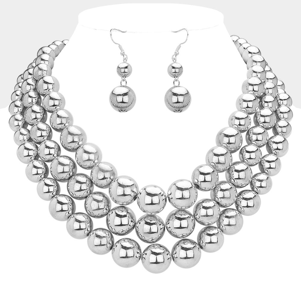 Silver Metal Ball Beaded Triple Layered Statement Necklace